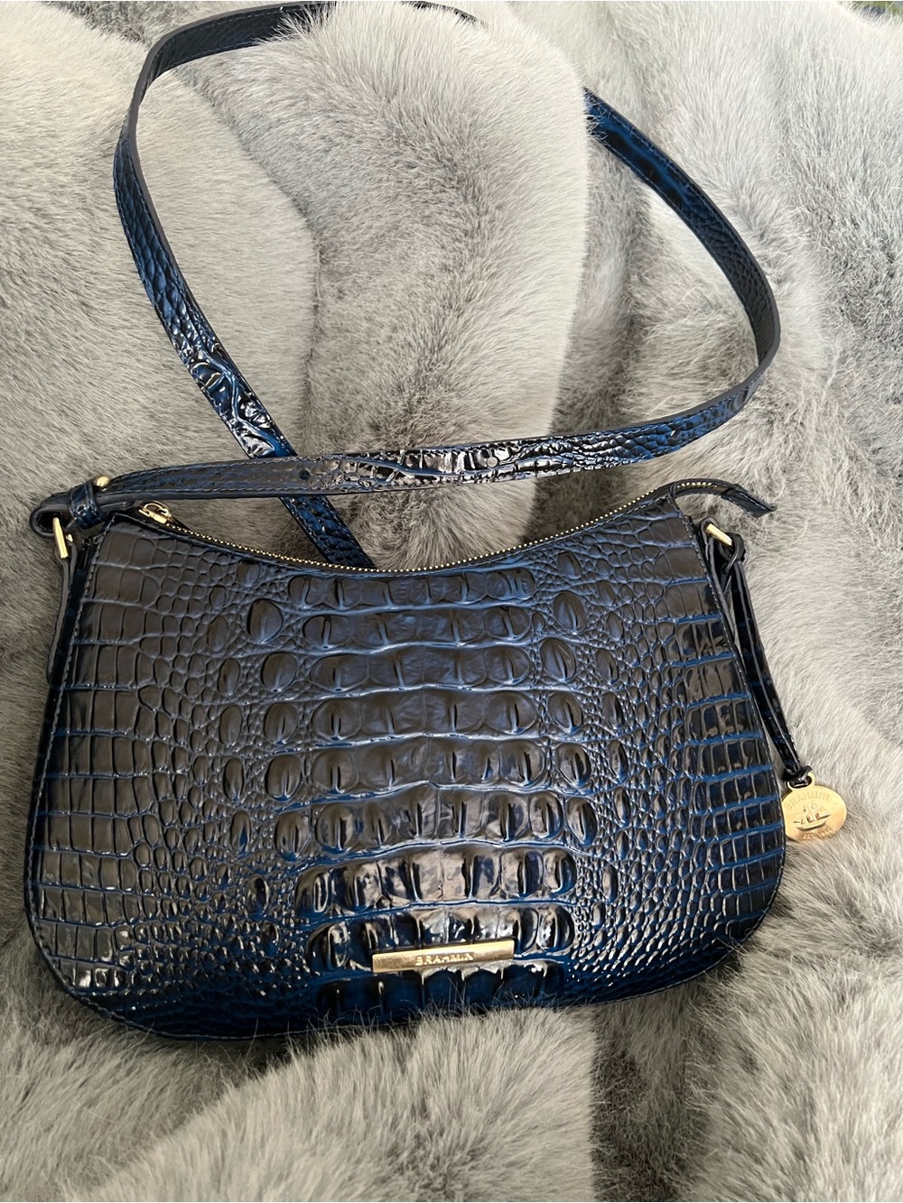 Brahmin Corinne Alden Road Dark Indigo Croc-Embossed Leather Shoulder Bag. NWOT